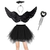 Winwild 4 Stück Engel Kostüm Damen Set 80CM Engelsflügel Schwarz Erwachsenes Engel Teufel Feen Kostüm Tüllrock mit Heiligenschein Zauberstab für Karneval Halloween Cosplay Fasching Verkleidung