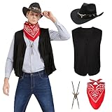 Firecos Cowboy Kostüm Herren Western Cowboy Cosplay Fransenweste mit Hut Halstuch Vintage-Halskette für Karneval Hippie Kostüm Set für Erwachsene (Schwarz, XXXL)