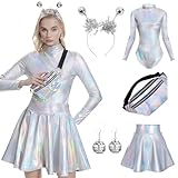 Joellfuner Alien Kostüm Damen, Space Girl Kostüm, Body Silber Kostüm Set mit Glitzer Oberteil, Rock, Bauchtasche, Alien Haarreif und Ohrringe, Maskerade Karneval Kostüm Damen, Cosplay (XXL)