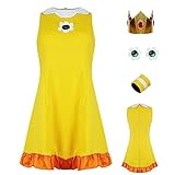AYYOHON Prinzessin Pfirsich Cosplay Kostüm Damen Prinzessin Daisy Rosalina Tenniskleid mit Krone Ohrringe Erwachsene Halloween Anzug L, Gänseblümchen 2