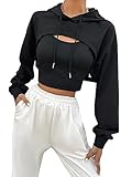 GORGLITTER Damen Super Crop Hoodie mit Top Drunter 2 in 1 Kapuzenpullover Kapuzensweatshirt Kapuzen Langarmshirt mit Tunnelzug Schwarz M