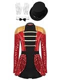 Jowowha Damen Zirkus Kostüm Langarm Body Overall mit Mütze Zirkusdirektor Uniform Halloween Weihnachten Karneval Fasching Kostüm Rot M
