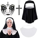 4 Stück Nonne Kostüm Damen, Halloween Horror Nonne Kostüm, Halloween Nonnen Damen mit Kreuzkette, Halloween Glitzersteine Gesicht, Nonnenhaube, Kragen, Gut für Halloween, Karneval, Cosplay Party