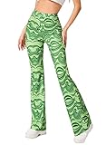 EVELUST Festival Flare Hosen Für Damen - 70er Jahre Outfit Hippie Kleidung Flower High Waist Breite Bein Flair Leggings Rave Disco Kostüm Palazzo Schlaghose Sommer Bell Bottom(Green, XS, 1040w)