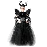 KUJAIS Maleficent Kostüm Mädchen: Kinder Böse Königin Hexe Kleid Set mit Hörner Kopfschmuck und Schwarz Flügel Umhang - Halloween Fasching Karneval Verkleidung Partykleid Outfit (S (95-105cm))