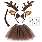 EUPSIIU Karneval Kostüm Haarreif Geweih Hörner Rehohren, Reh Gesichtstattoo, Reh Kostüm Kopfschmuck Haarreifen, Rentierschwanz Fliege und Tuturock für Fasching Mottoparty Cosplay Halloween (Braun)