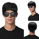 TSHAOUN Männer Schwarz Perücke Kurze Herrenperücke Gelockte, Herren Boyband Perücke Kostüm Pony Natürliche Kurze Perücken mit Sonnenbrille, 70er 80er Disco Täglich Halloween Karneval Perücke (Schwarz)