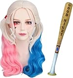Perücke Quinn Mädchen Damen| Selbstmord Squad Quinn Perücke | Rosa und Blau Perücke mit Aufblasbarer Baseballschläger | Für Karneval Fasching Halloween Kostüm Party