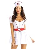 Alvivi Damen Krankenschwester Kostüm Ärztin Kleid mit Stirnband Doktor Kostüm Arzt Uniform Cosplay Halloween Karneval Fasching Verkleidung Weiß S