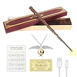 WDKXCN Hermine Zauberstab, 37CM Glühen Zauberstab Hermine Granger, USB Aufladung Hermine Granger Zauberstab in Geschenkbox mit Zauberspruch-Karte, Stationsticket und Halskette