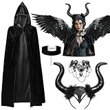 iZoeL Malefiecent Kostüm Teufel kostüm Damen, Teufel Umhang Teufelshörner Haarreif Gothic Spitze Halskette Karneval kostüm Accessorie, Damen Mädchen Kostüm Karneval Fasching Mottoparty Kostüm