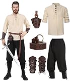 Mittelalter Hemd Viking Kostüm Herren Renaissance Viktorian Piraten Schnürhemd Fischerhemd Kriegerin Gothic Stehkragen Cosplay Top with Kniebundhose Männer Armschützer Steampunk Ritter Gürtel VL001M