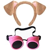 Yezmo Braune Hundeohren Stirnband Rosa Steampunk Brillen Set, Cartoon Welpenohren Kostüm Zubehör für Frauen Mädchen für Cosplay Dress up Party