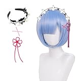 Rem Wig Mit Stirnband, X-Stiften, Blumenschleife, Anime Ram Cosplay Perücke, kurze rosa Bob-Perücke für Frauen und Mädchen (rem)
