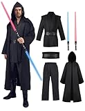 Fover Jedi Kostüm für Herren mit Blau Lightsaber Obi Wan Kenobi Tunika Kapuzenmantel Outfit Umhang mit Kapuze Mittelalterlich Hoodies Jedi Robe Halloween Karneval Cosplay Set für Erwachsene FR024XL