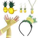 XNIVUIS 7 Stück Ananas Kostüm Set,Hawaii Kostüm Set,Ananas Krone,Ananas Brille,Ananas Ohrringe,Ananas Halskette,Netzhandschuhe,Hawaii Kopfbedeckung,Ananas Party Ananas Kostüm Damen (7 Stück)
