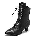 ErikenUrben Vintage Viktorianisch Stiefel Damen Schnürsenkel Steampunk Ankle Stiefel PU-Lederstiefel Louis Absatz Stiefel Reißverschluss Black Size 40 Asian
