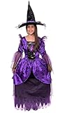 Magicoo Zauberin Hexenkostüm Kinder Mädchen lila schwarz inkl. Kleid & Hut - Gr 110 bis 140 - Halloween Hexe-Kostüm Kind (122/128)