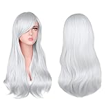 AOMIG Lange lockige Haar Perücken für Frauen, Natürlich Synthetische Perücke mit Pony für Damen, Wavy Hitzebeständige Perücken mit Brille Haarnetz für Alltag/Party/Cosplay(Weiß)