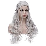 Perücke Grau Lang locken für Damen Game of Thrones Daenerys Targaryen Zöpfen Geflochten wellig Perücken Halloween Fasching Karneval Cosplay Wig DE014B