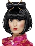 Smiffys Orientalische Lady Perücke, Schwarz, Mittellang mit Essstäbchen