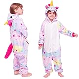 Mädchen Jungen Regenbogen Einhorn Onesies Pyjamas, Kapuze Supersoft Fleece Jumpsuit Playsuit Wear. Flanell Nachtwäsche Fancy Jumpsuit für Kinder (140cm)