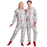 Giggling Getup Grauer Weihnachtspyjama für Erwachsene und Herren mit Kapuze, Weihnachtspyjama mit lockerem nordischem Druckmuster für Urlaubspyjamas, Jumpsuits-XL