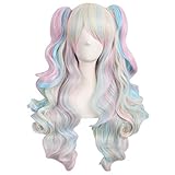 MapofBeauty farbige Lolita lange lockige geheftet auf Pferdeschwanz Cosplay Perücke (rosa/blau/blond)