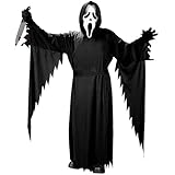 Schauriges Screaming Ghost Kostüm, Unisex mit Ganzkörpergewand in Schwarz, Scream Mask, Hüftgürtel, Fäustling und Requisitenmesser, Horror Verkleidung, Kostüm für Halloween, Karneval, Mottoparty (L)