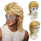 UILYNIU Herren 80er Jahre Vokuhila Perücke Hellblond und Sonnenbrille, Popstar Blond Perücke Lange Lockig Mullet HerrenPerücke, 70er 80er Männer Perücke Cosplay Kostüm Halloween Karneval (Hellblond)