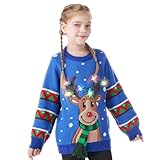 JOYIN Kinder-Weihnachtspullover mit LED-Beleuchtung, Rentier, hässlicher Weihnachtspullover, eingebaute Glühbirnen für Mädchen und Jungen (blau, L)