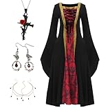 IEEILULU Halloween Kostüm Damen Vampir, Mittelalter Kleidung Damen Gotisch Kapuzen Vampirkostüm mit Halskette und Ohrringen, Vampir Kostüm Damen für Halloween Fasching Cosplay Maskerade(M)