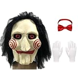 Carnavalife Saw Latex-Maske für Erwachsene, mit Perücke, Saw Halloween, Handschuhe und rote Fliege, Zubehör Dsifraz Saw Film (Modell Maske+Schleife+Handschuhe)