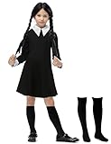 Schwarz Kleid Kostüm Halloween Kinder Mädchen Kostüm Party mit Kniestrümpfe Mittwoch Peter Pan Kragen Ghotic Fasching Karneval Cosplay A007M