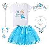 YYDSXK Elsa Kostüm Mädchen, Frozen Kleid mit Elsa Krone Zauberstab Halsketten Set, Geburtstags Outfit T-Shirt und Blau Tütü Rock für Weihnachten Verkleidung Karneval Halloween Geburtstag Party