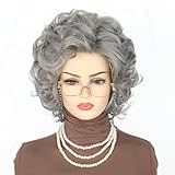 Topcosplay 3er set Oma Perücke mit Perlenkette Brille Großmutter Perücke Granny Perücke Grau Old Lady Alte Damen Perücke für Karneval (Dunkelgrau)