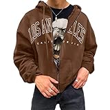 Tomwell Herren Kapuzenpullover Hoodie Druck Langarm Pullover Lässiges Los Angeles Sweatshirt Warm Pulli Sweatjacke mit Kapuze und Reißverschluss Sports Hoodie A Braun XL