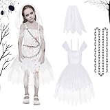 LXWINNER Zombie Kostüm Kinder, Blutiger Brautschleier, Blutige Horror Braut Kostüm, Geisterbraut Kostüm Kinder, Damen Zombie-Braut Kostüm, Halloween Kleidung mit Blutigem Party, Karneval, Cosplay