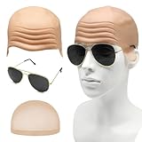 EUPSIIU Latex Glatze Maske Glatzkopf Kappen Set Kahle Haut Dickes Erwachsene Latex Glatze Kappe Elastische Haarnetz Sonnenbrille Perücke Kappe Kostüm Halloween Zubehör Cosplay Hut (3PCS)