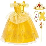 Zaisuifun Mädchen Belle Prinzessin Kostüm Dornröschen Kleid die Schöne und das Biest Kleider Kinder für Geburtstag Fasching Karneval Halloween, 116-122(Etikett 120)