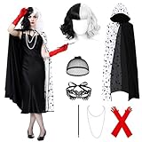 Generisch IEEILULU 7PCS Cruella Devil Kostüum Damen, Cruella Kostüm Damen, Cruella Perücke Umhang, Karneval Kostüm Damen für Karneval Fasching Cosplay Maskerade Halloween