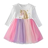DXTON Mädchen Einhorn Gedruckt Herbst Winter Prinzessin Freizeit Knielang Langarm Kleid Einhorn4992 5T,4-5 Jahre
