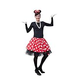 Oblique Unique Damen Mouse Kostüm Rot Weiß Schwarz mit Rock Gepunktet + Perlen Kette + Maus Ohren Haarreifen mit Schleife + Handschuhe + Overknee Strümpfe für Fasching Karneval Motto Party