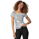dressforfun 901013 Damen Pailletten Top, Glitzer Kurzarm Oberteil, Silber - Diverse Größen - (S)