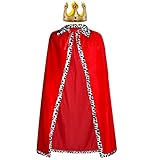 Königsmantel Königinsmantel Samtmantel Kostüm + Krone König Königin für Damen Herren Halloween Erwachsene Mottoparty Theater Fasching Cosplay Karneval Verkleiden Accessoires (49.2in/125cm, Red)