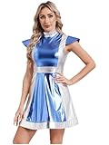 Linjinx Damen Space Girl Weltraum Kostüm Metallic Minikleid Holograpfisch Kostüm A-Linien Kleid Partykleid Halloween Karneval Kostüm Rave Outfits Hellblau M