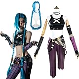 CosDance Anime Arcane Staffel 2 Jinx Cosplay Kostüm Outfits mit Perücke Halloween Party Anzug Kleidung Uniform Komplettset Rollenspiel Karneval für Erwachsene für Frauen Unisex (S)