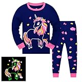 Codkkre Schlafanzug Mädchen Einhorn Kinder Pyjama Baumwolle Langarm Winter Unicorn Schlafanzüge Zweiteiliger Größe 122, Glow in The Dark/Einhorn