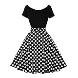 Rockabilly Kleider Damen Vintage Gepunktet Schulterfrei Kurzarm A-Linie Partykleid 50er Jahre Retro Schwingen Kleid Faltenrock Festliches Cocktailkleid Midi Abendkleid Elegant f?r Hochzeit Schwarz S