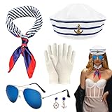 SKHAOVS 5 Stück Frauen Matrosen Kostüm Set Matrosenmütze Sonnenbrille Quadratisches Set,Marine Outfit,Kapitänsmütze Seemann Kapitän Verkleidungsparty für Damen Yacht Party Halloween Cosplay (5 PCS)